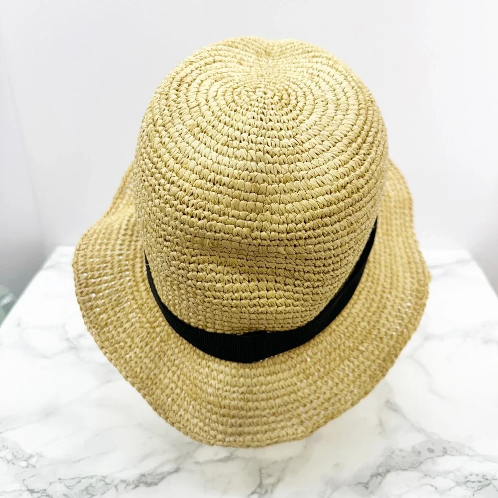 J.Crew Raffia Straw Fedora Hat Women‎ S/M Tan Black Ribbon Band